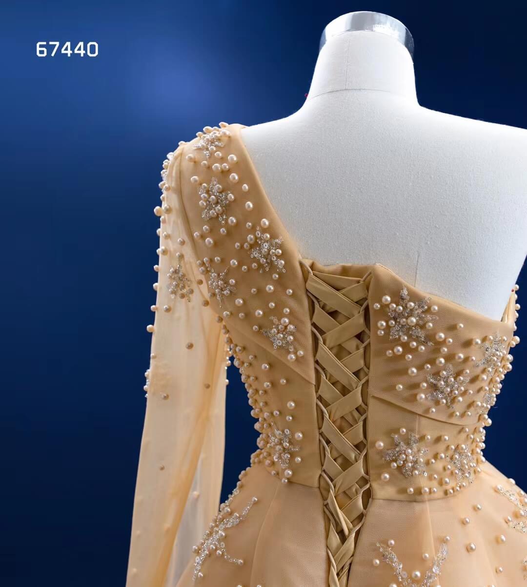 One Shoulder Watteau Sleeve Formal Dress Gold Pearl Pageant Gown 67440-prom dresses 2025 -Viniodress-Gold-Custom Size-