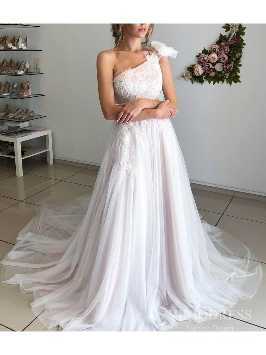 One Shoulder Watteau Train Tulle Wedding Dresses VW1837-wedding dresses-Viniodress-Viniodress