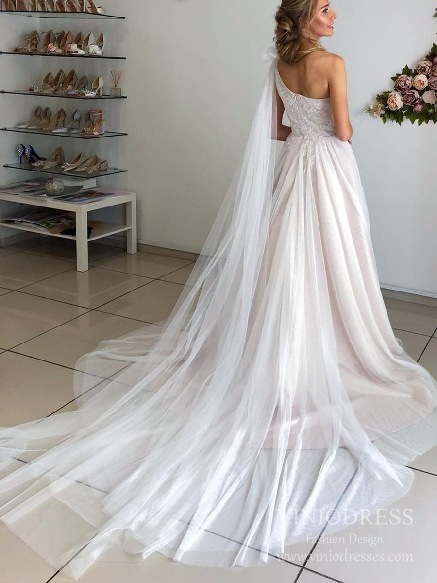 One Shoulder Watteau Train Tulle Wedding Dresses VW1837-wedding dresses-Viniodress-As Picture-Custom Size-Viniodress