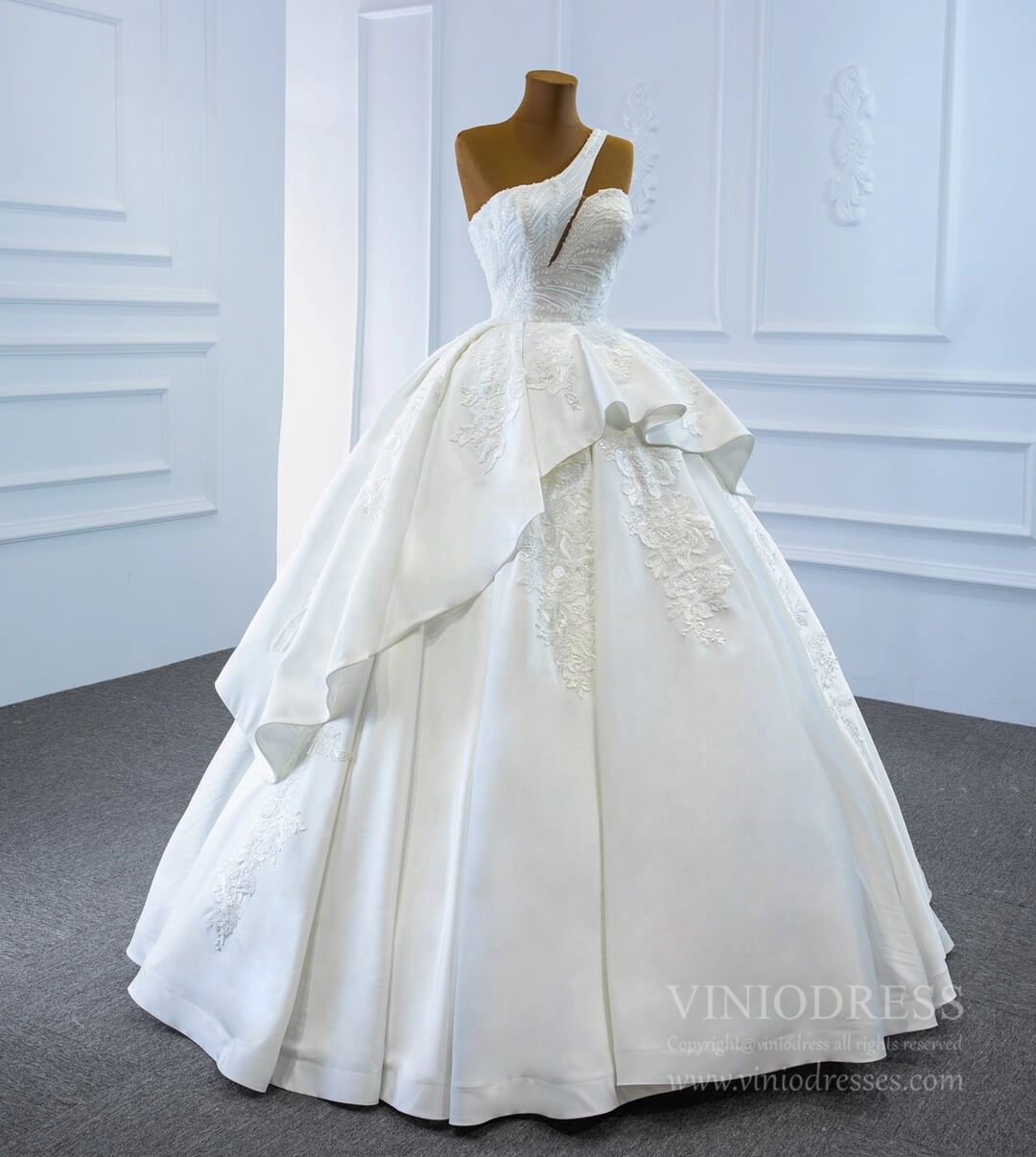 One Shoulder Wedding Gowns Lace Appliqued Satin Wedding Dresses 67207-wedding dresses 2025 -Viniodress-As Picture-Custom Size-