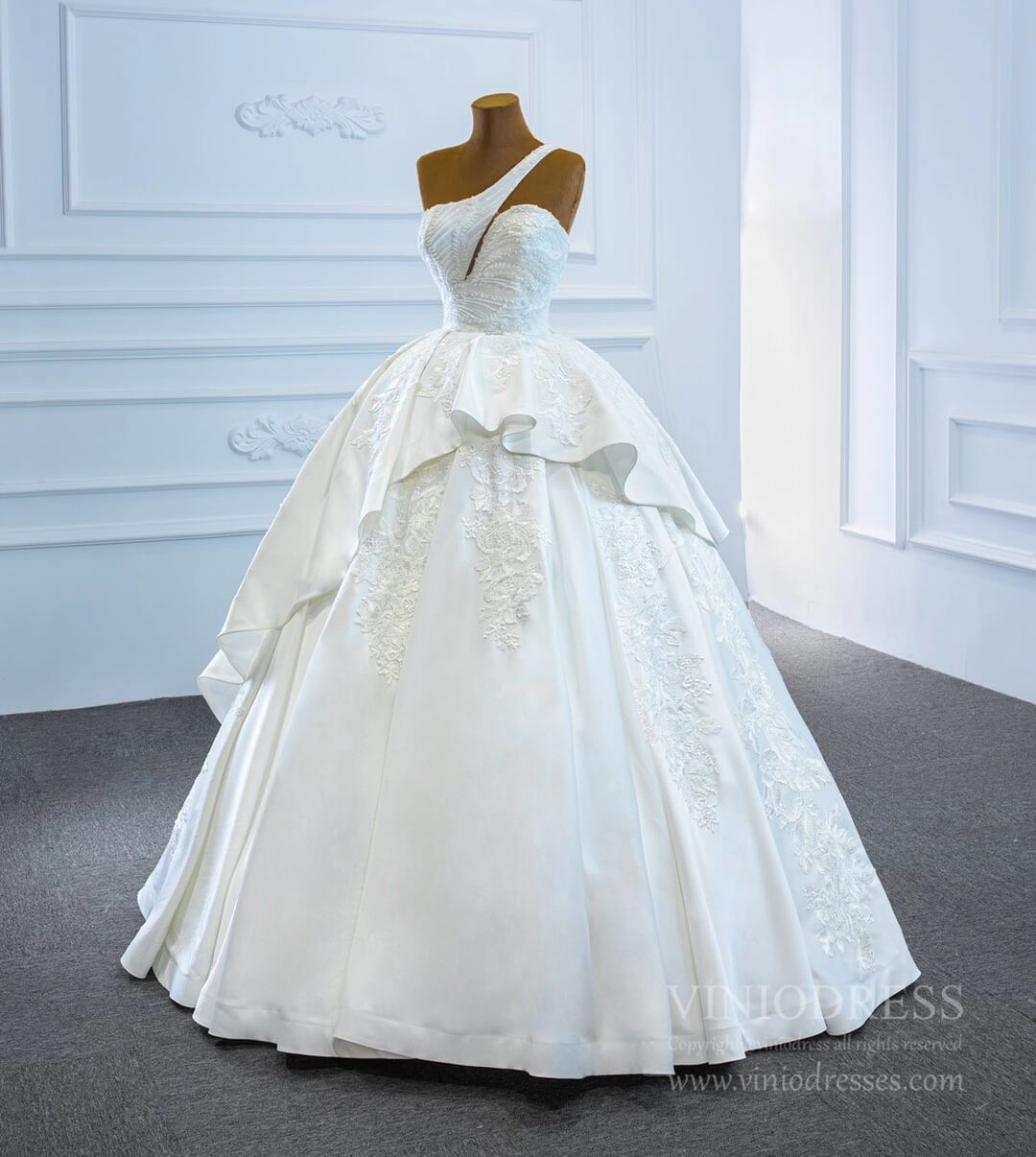 One Shoulder Wedding Gowns Lace Appliqued Satin Wedding Dresses 67207-wedding dresses 2025 -Viniodress-As Picture-Custom Size-