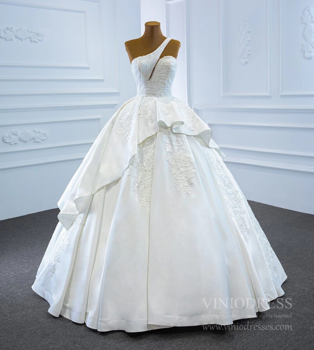 One Shoulder Wedding Gowns Lace Appliqued Satin Wedding Dresses 67207-wedding dresses 2025 -Viniodress-As Picture-Custom Size-