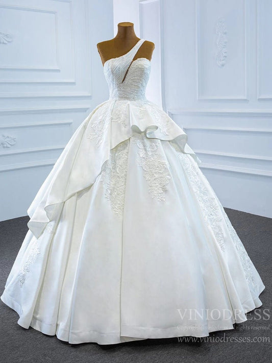 One Shoulder Wedding Gowns Lace Appliqued Satin Wedding Dresses 67207-wedding dresses 2025 -Viniodress-As Picture-Custom Size-