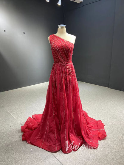 One Shoulder Yellow Prom Beaded Pageant Gown Formal Dresses 67535-prom dresses 2025 -Viniodress-Burgundy-Custom Size-