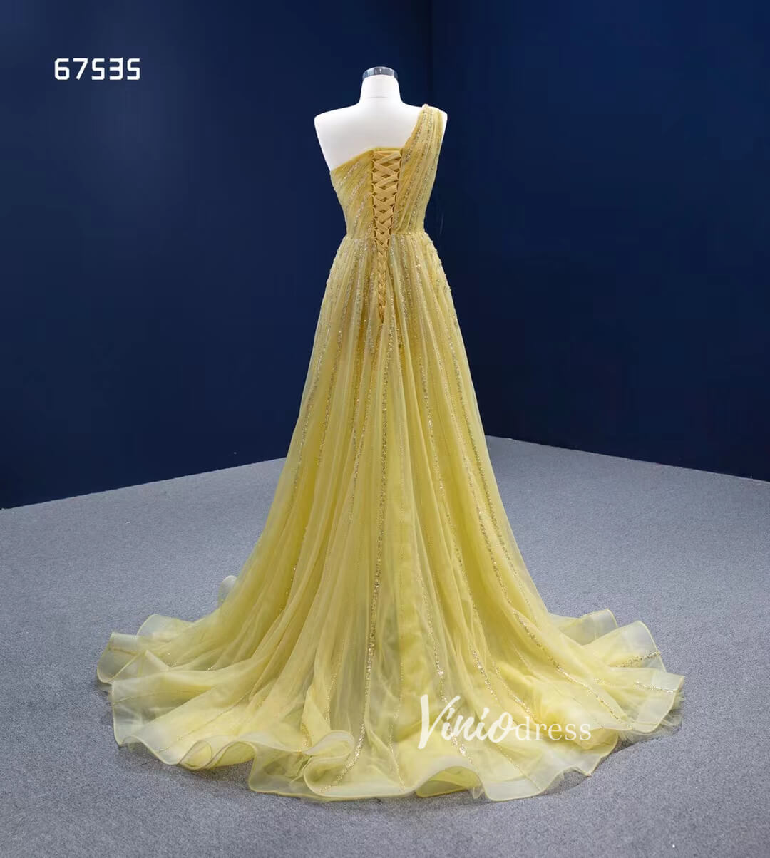 One Shoulder Yellow Prom Beaded Pageant Gown Formal Dresses 67535-prom dresses 2025 -Viniodress-Yellow-Custom Size-