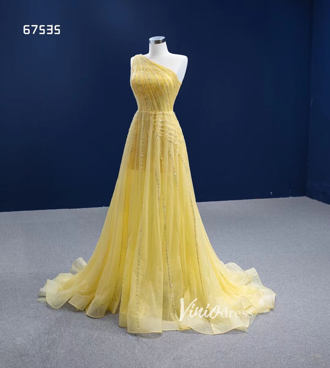 One Shoulder Yellow Prom Beaded Pageant Gown Formal Dresses 67535-prom dresses 2025 -Viniodress-Yellow-Custom Size-