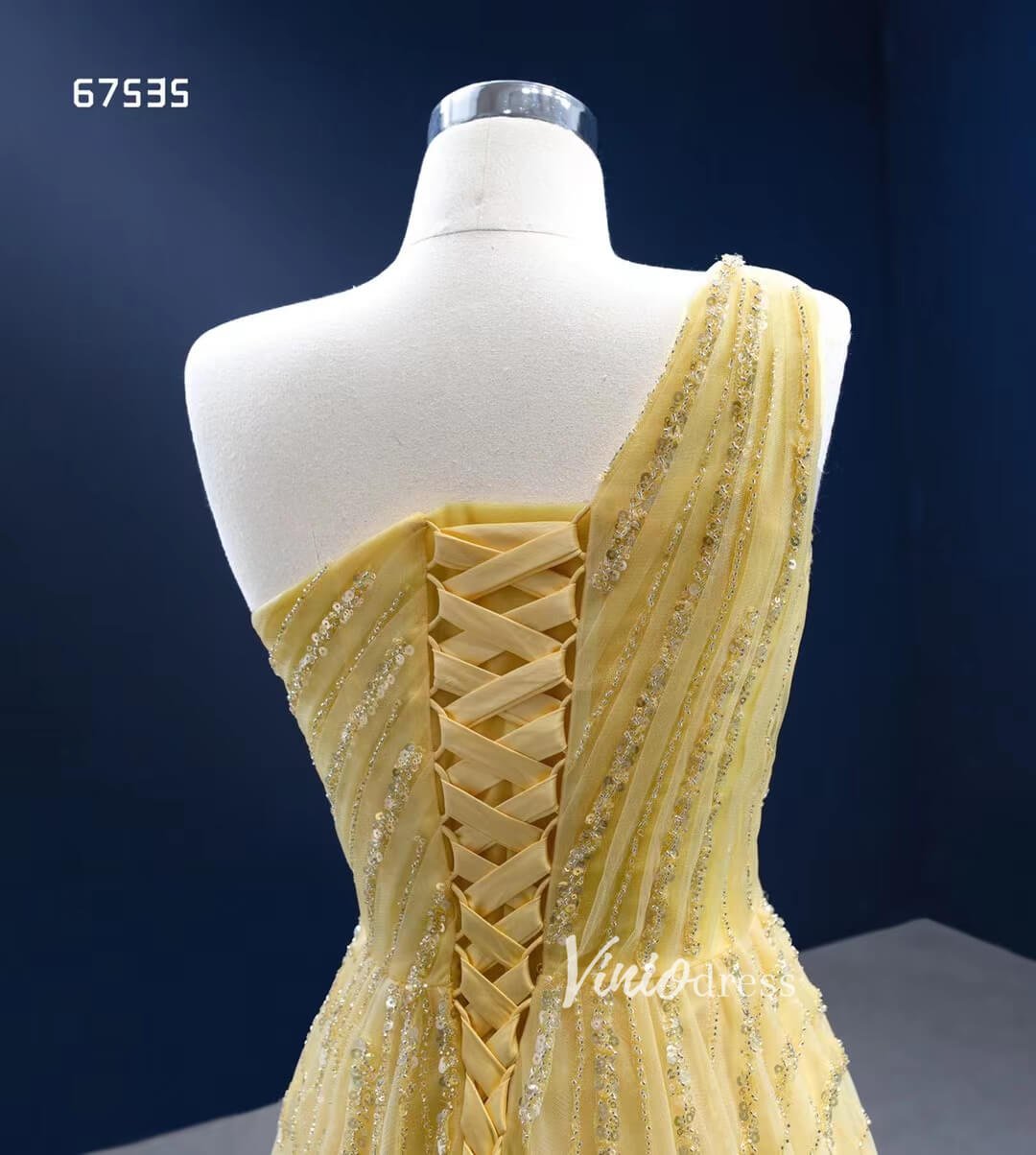 One Shoulder Yellow Prom Beaded Pageant Gown Formal Dresses 67535-prom dresses 2025 -Viniodress-Yellow-Custom Size-