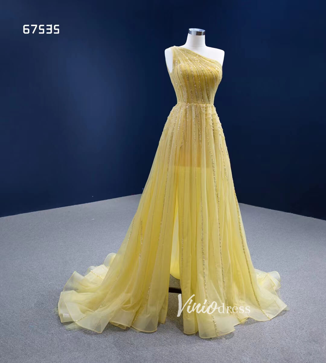 Prom Dress 2025 One Shoulder Yellow Prom Beaded Pageant Gown Formal Dresses 67535-unique prom dresses-Yellow-Custom Size-Viniodress