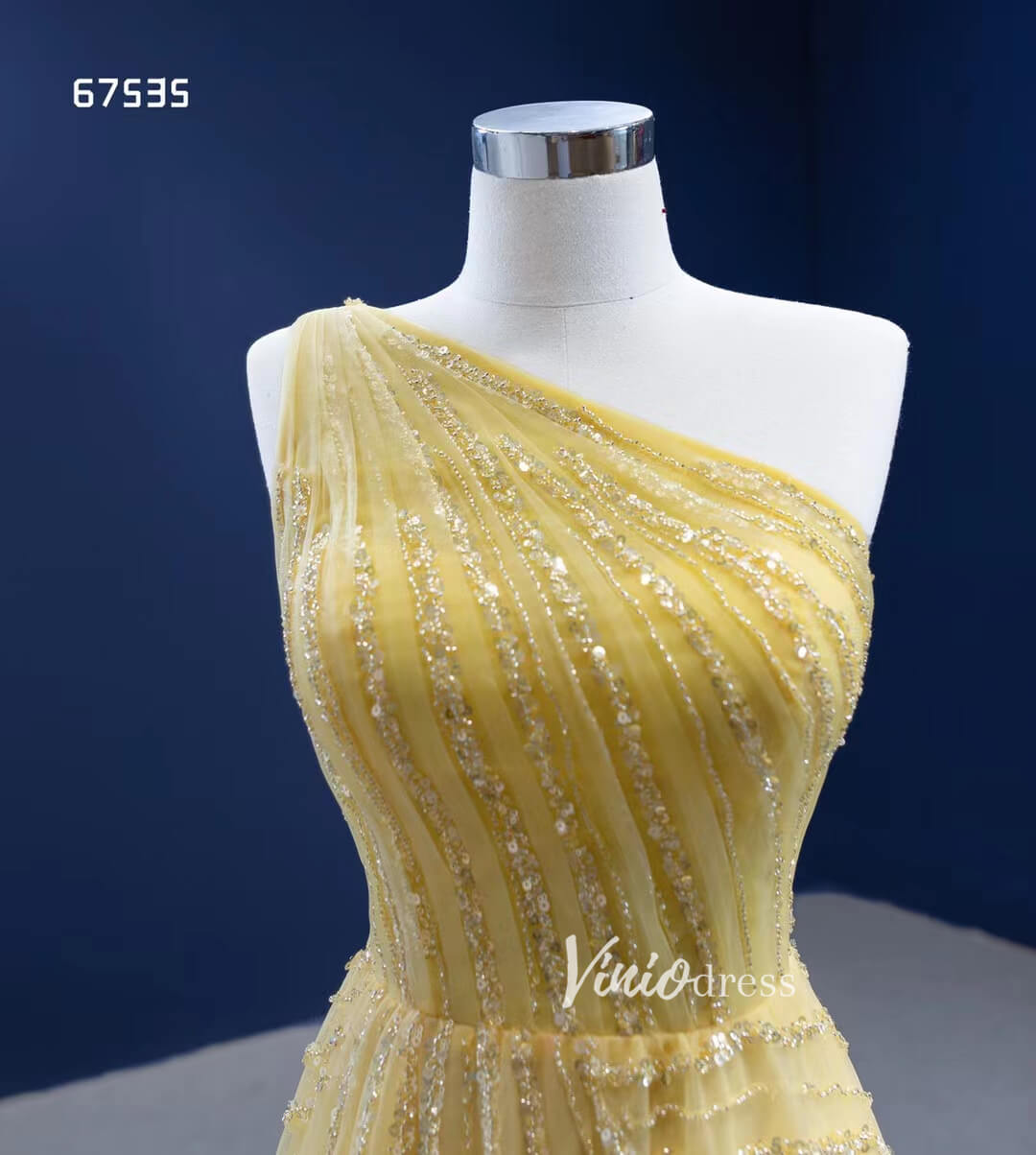 Prom Dress 2025 One Shoulder Yellow Prom Beaded Pageant Gown Formal Dresses 67535-unique prom dresses-Yellow-Custom Size-Viniodress