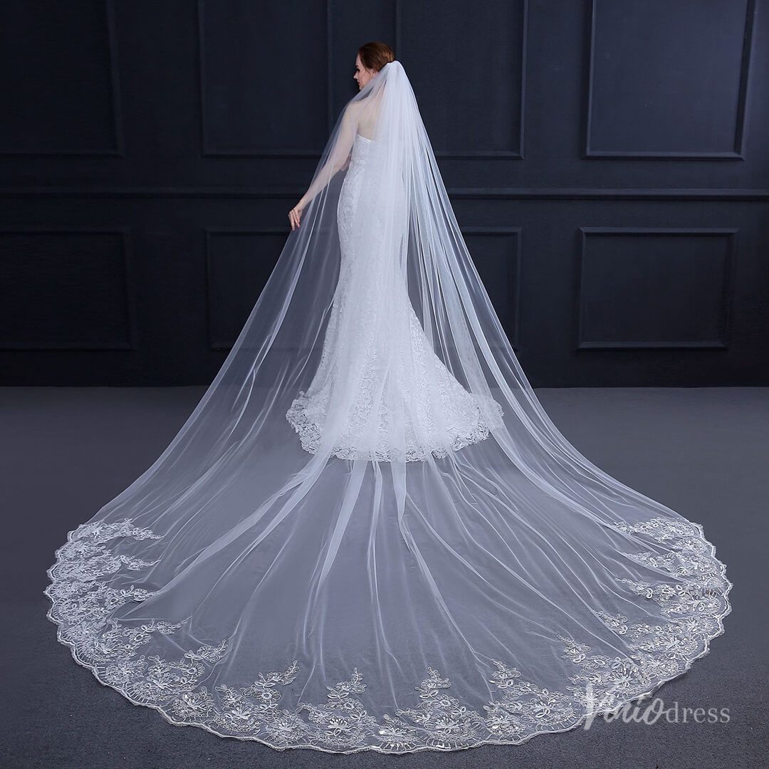 One Tier Lacy Extra Long Veil Viniodress TS18010-Bridal Veil 2025 -Viniodress-Ivory-