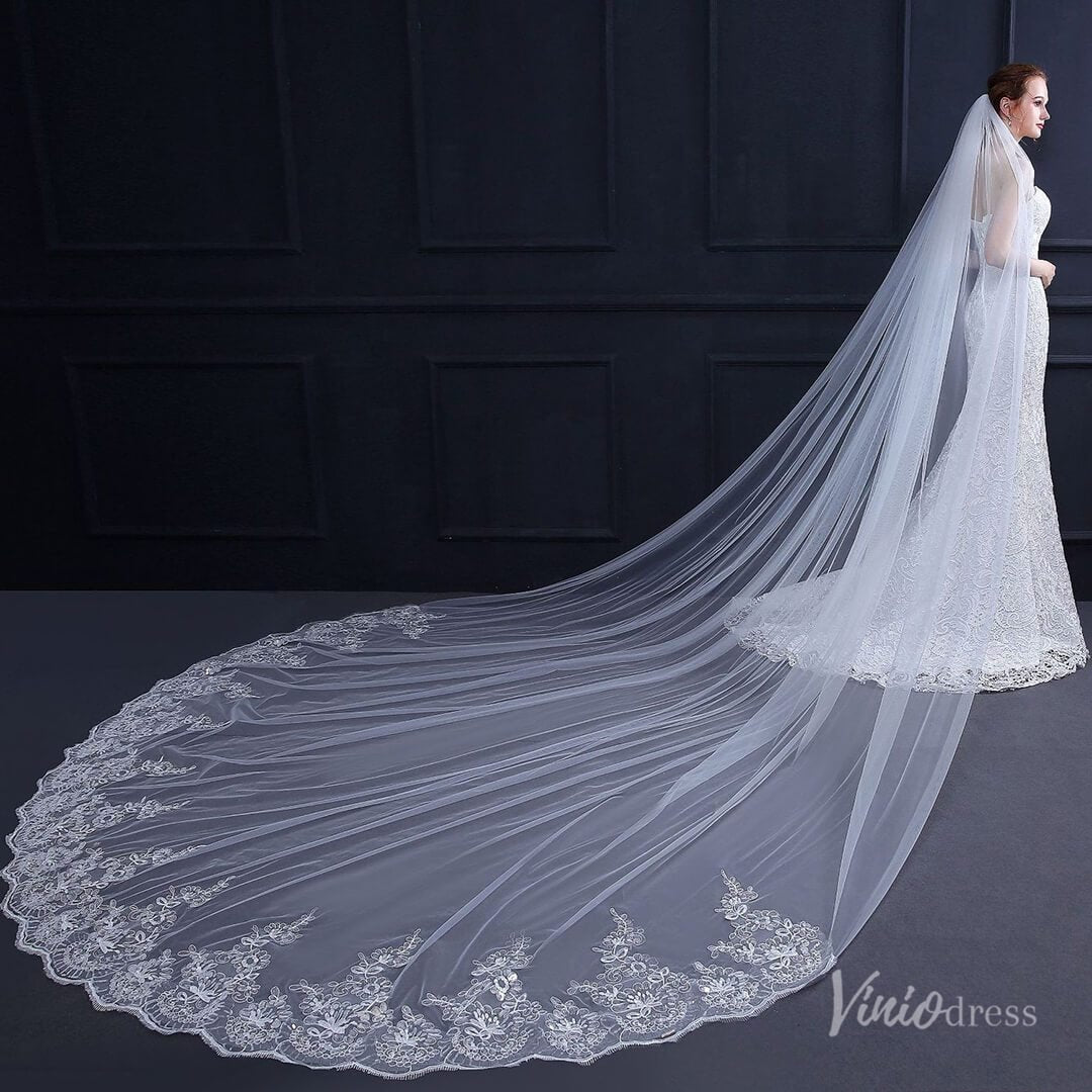 One Tier Lacy Extra Long Veil Viniodress TS18010-Bridal Veil 2025 -Viniodress-Ivory-