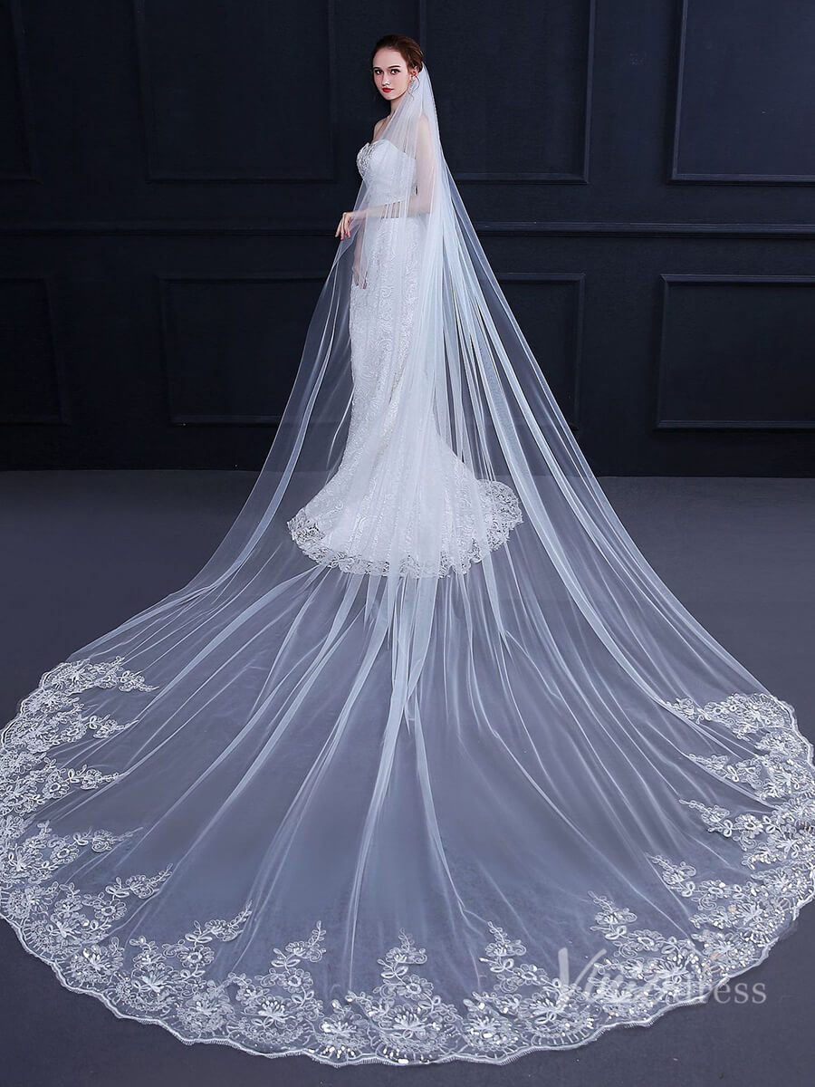 One Tier Lacy Extra Long Veil Viniodress TS18010-Bridal Veil 2025 -Viniodress-Ivory-