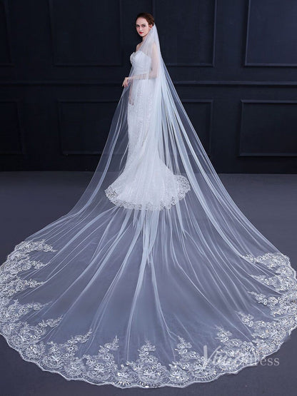 One Tier Lacy Extra Long Veil Viniodress TS18010-Bridal Veil 2025 -Viniodress-Ivory-
