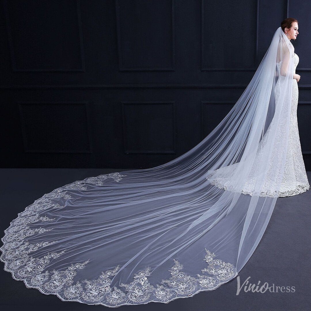One Tier Lacy Extra Long Veil Viniodress TS18010-Bridal Veil 2025 -Viniodress-Ivory-