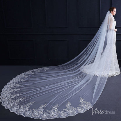 One Tier Lacy Extra Long Veil Viniodress TS18010-Bridal Veil 2025 -Viniodress-Ivory-