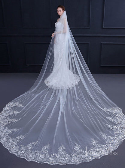 One Tier Lacy Extra Long Veil Viniodress TS18010-Bridal Veil 2025 -Viniodress-Ivory-