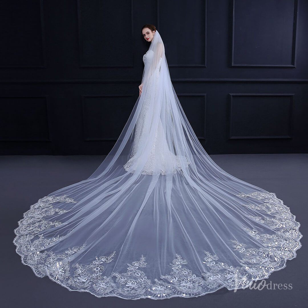 One Tier Lacy Extra Long Veil Viniodress TS18010-Bridal Veil 2025 -Viniodress-White-
