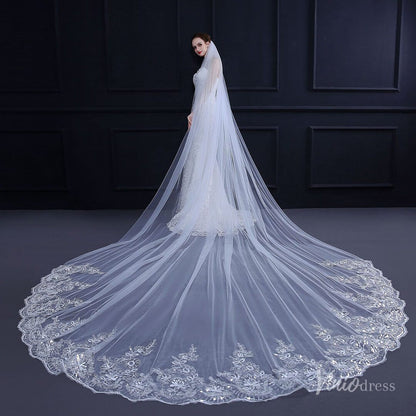 One Tier Lacy Extra Long Veil Viniodress TS18010-Bridal Veil 2025 -Viniodress-White-