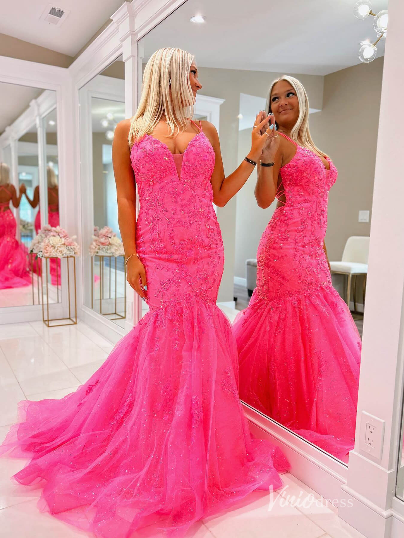 Open Back Hot Pink Mermaid Prom Dresses Spaghetti Strap V-neck Formal Dress FD3660-prom dresses 2025 -Viniodress-Hot Pink-Custom Size-