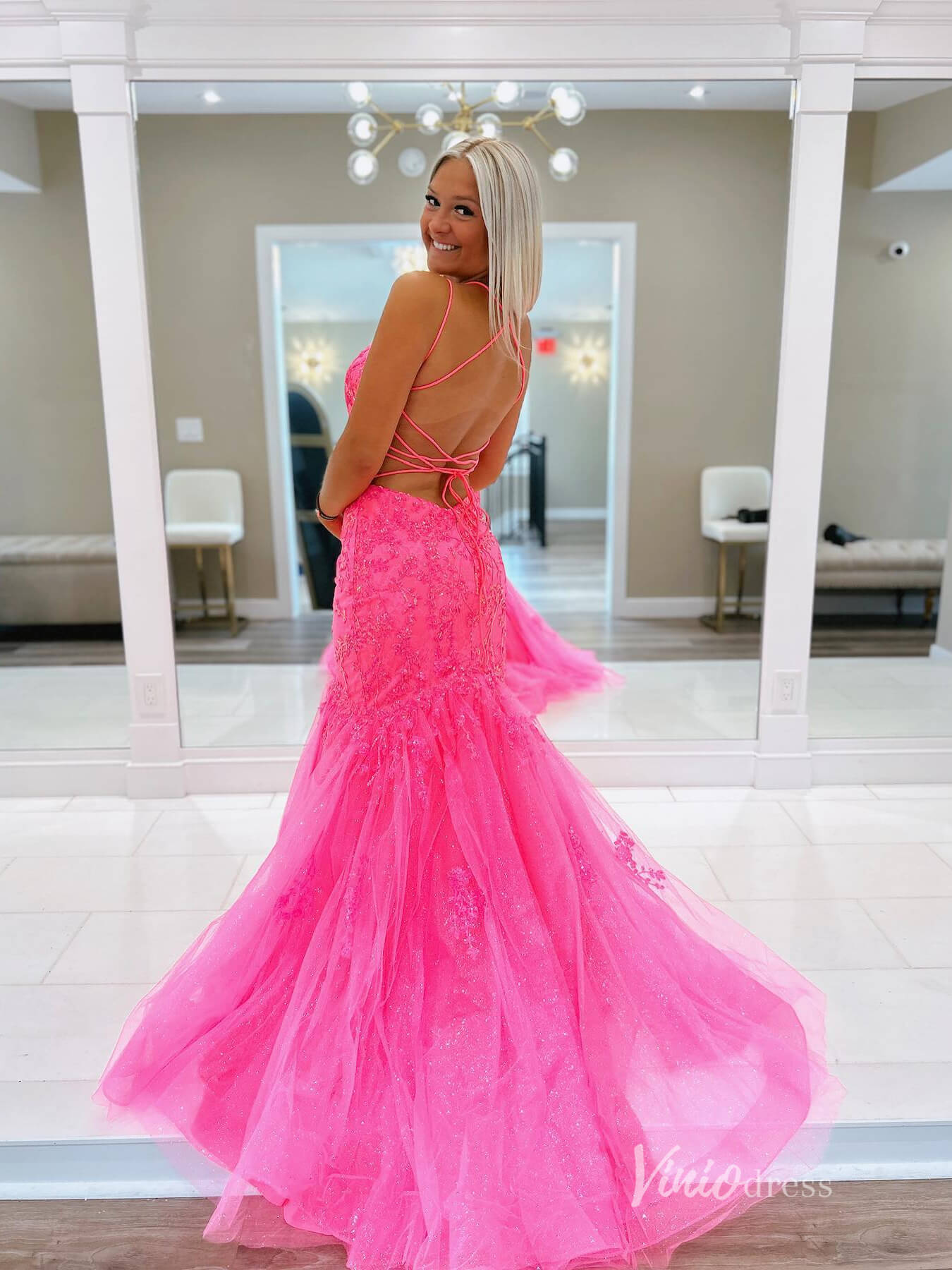 Open Back Hot Pink Mermaid Prom Dresses Spaghetti Strap V-neck Formal Viniodress Open Back Hot Pink Mermaid Prom Dresses Spaghetti Strap V-neck Formal Viniodress