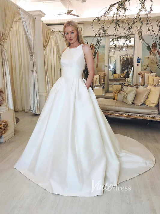 Open Back Satin Minimalist Wedding Dresses with Pockets VW1323-wedding dresses 2025 -Viniodress-Ivory-Custom Size-