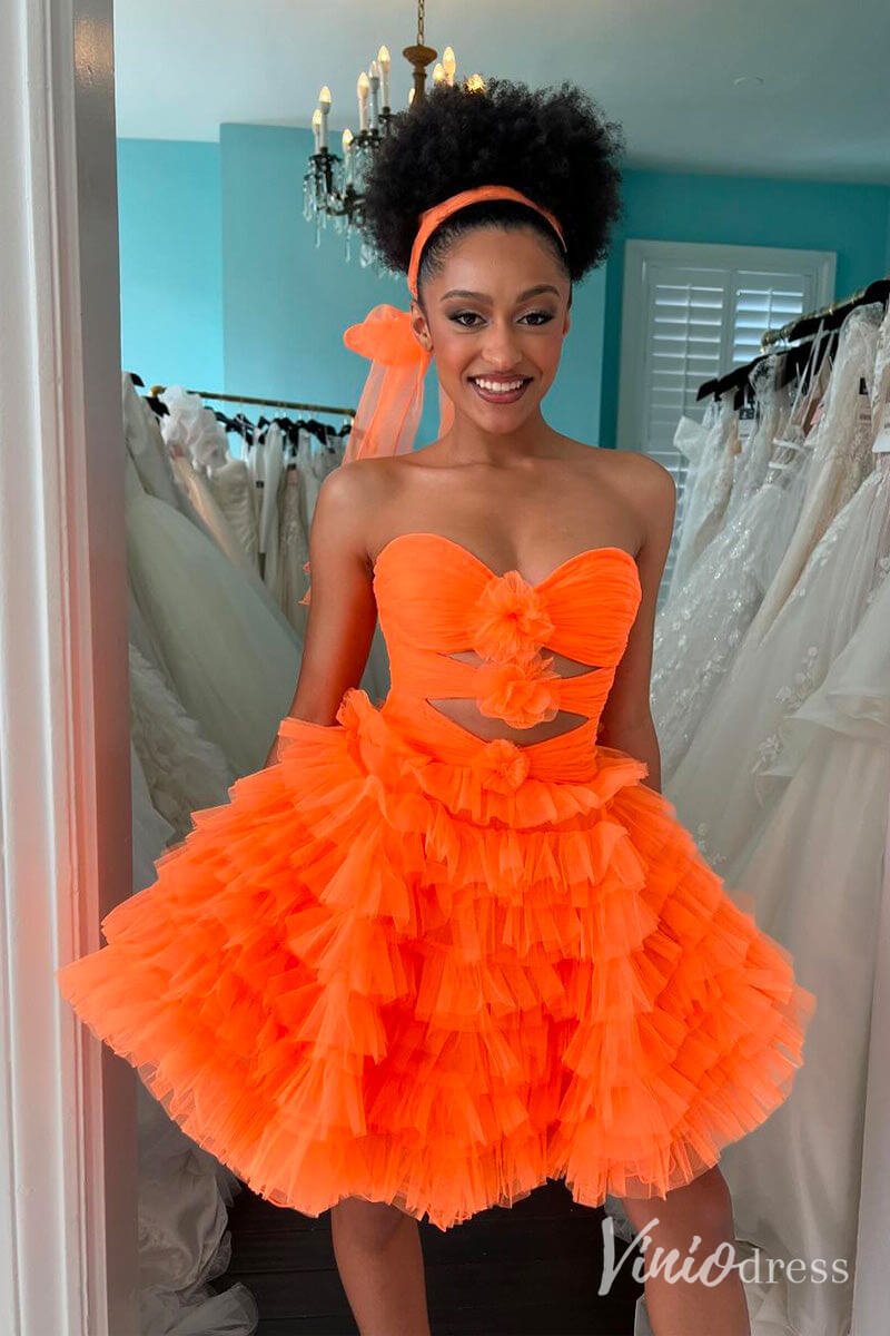 Orange 3D Flower Sweetheart Homecoming Dresses Ruffle Tiered Graduation Dress SD1652-Homecoming Dresses 2025 -Viniodress-Orange-Custom Size-