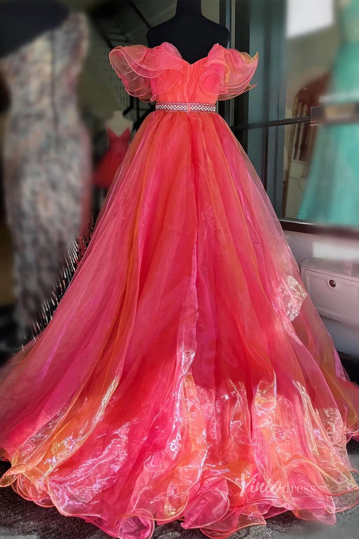 Orange and Pink Organza High Low Prom Dresses Tiered Pleated Beaded Waist FD3990-prom dresses-Viniodress-Viniodress