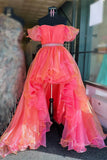 Orange and Pink Organza High Low Prom Dresses Tiered Pleated Beaded Waist FD3990