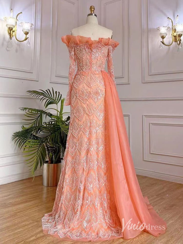 Orange Beaded Long Sleeve Evening Dresses Off the Shoulder Mother of the Bride Dresses AD1128-Evening Dresses 2025 -Viniodress-Orange-US 2-