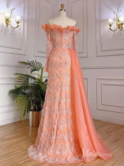 Orange Beaded Long Sleeve Evening Dresses Off the Shoulder Mother of the Bride Dresses AD1128-Evening Dresses 2025 -Viniodress-Orange-US 2-