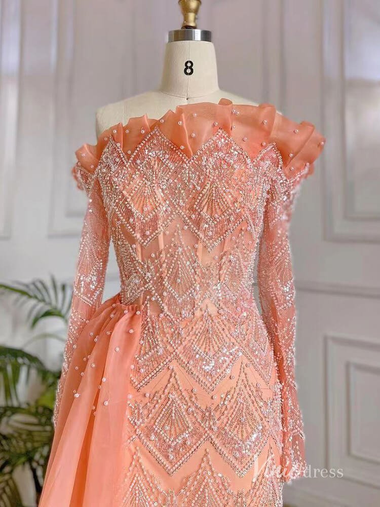 Orange Beaded Long Sleeve Evening Dresses Off the Shoulder Mother of the Bride Dresses AD1128-Evening Dresses 2025 -Viniodress-Orange-US 2-