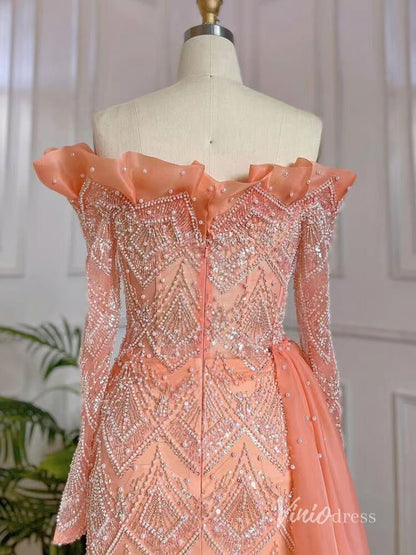 Orange Beaded Long Sleeve Evening Dresses Off the Shoulder Mother of the Bride Dresses AD1128-Evening Dresses 2025 -Viniodress-Orange-US 2-