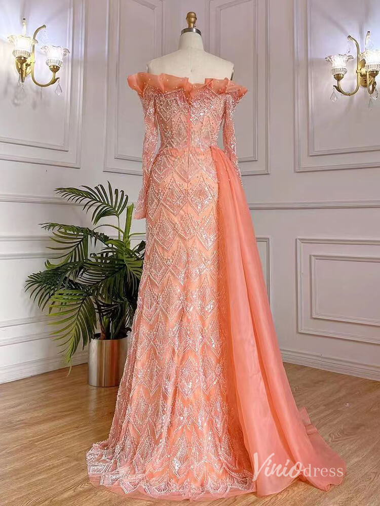 Orange Beaded Long Sleeve Evening Dresses Off the Shoulder Mother of the Bride Dresses AD1128-prom dresses-Viniodress-Viniodress