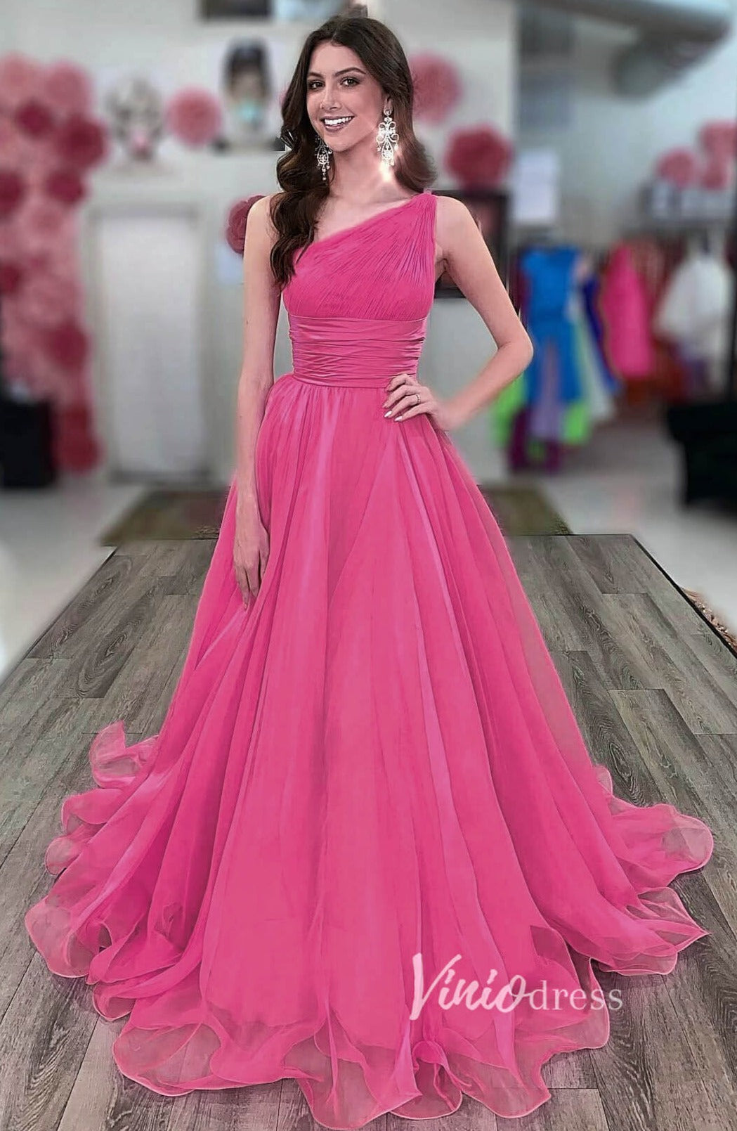 Prom Dress 2025 Orange Chiffon Prom Dresses One Shoulder Evening Gown FD2759-unique prom dresses-Fuchsia-Custom Size-Viniodress