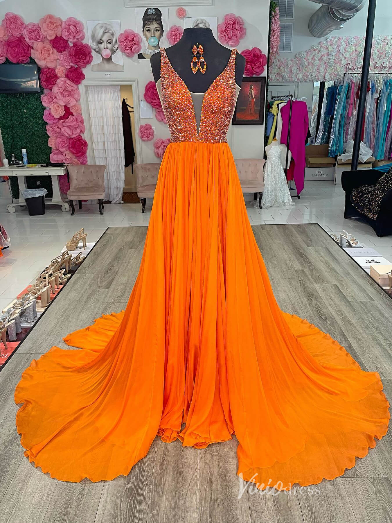 Orange Chiffon Prom Dresses with Slit Beaded Bodice Plunging V-Neck FD3992-prom dresses 2025 -Viniodress-Orange-Custom Size-
