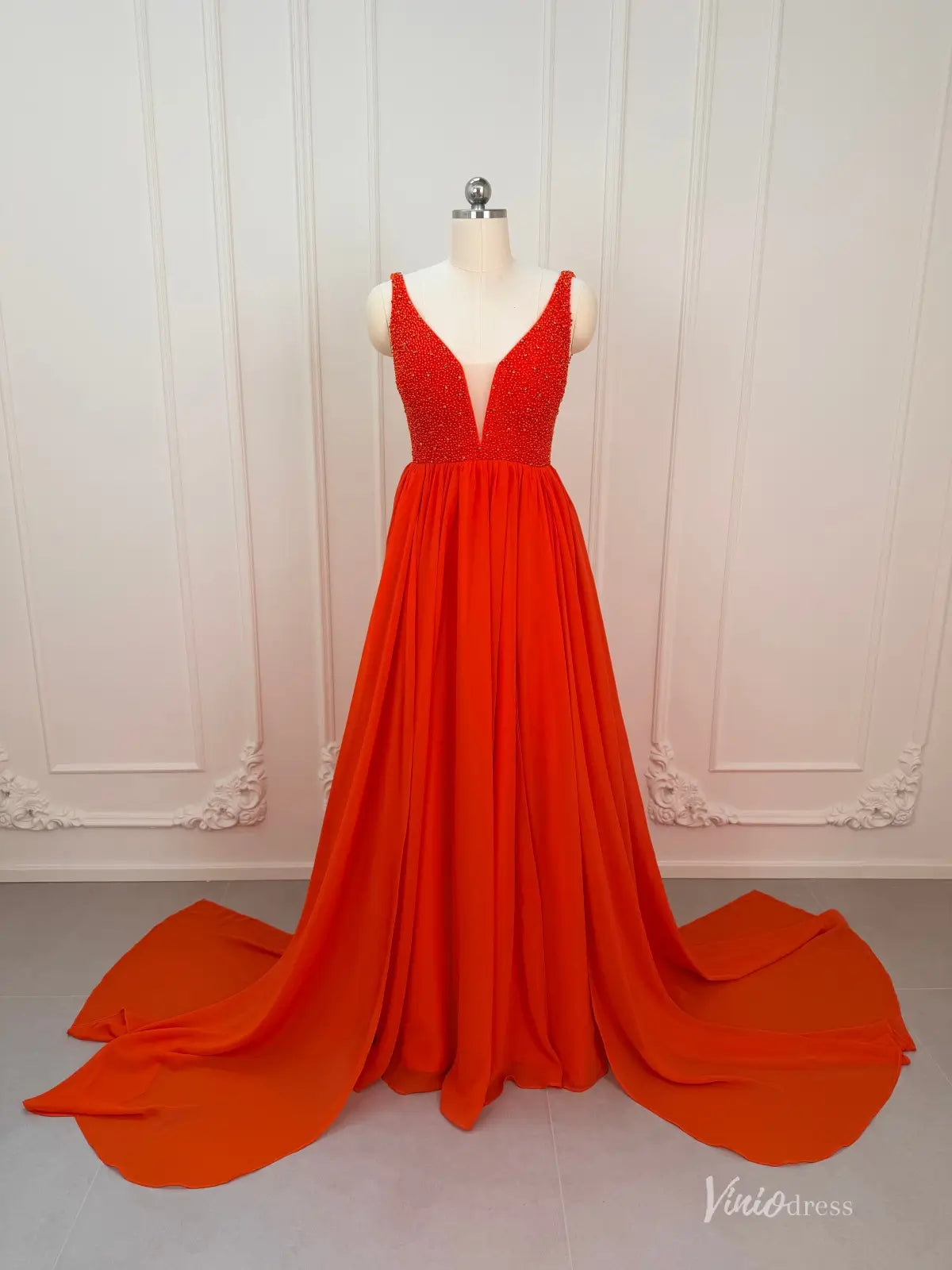Orange Chiffon Prom Dresses with Slit Beaded Bodice Plunging V-Neck FD Viniodress Orange Chiffon Prom Dresses with Slit Beaded Bodice Plunging V-Neck FD Viniodress