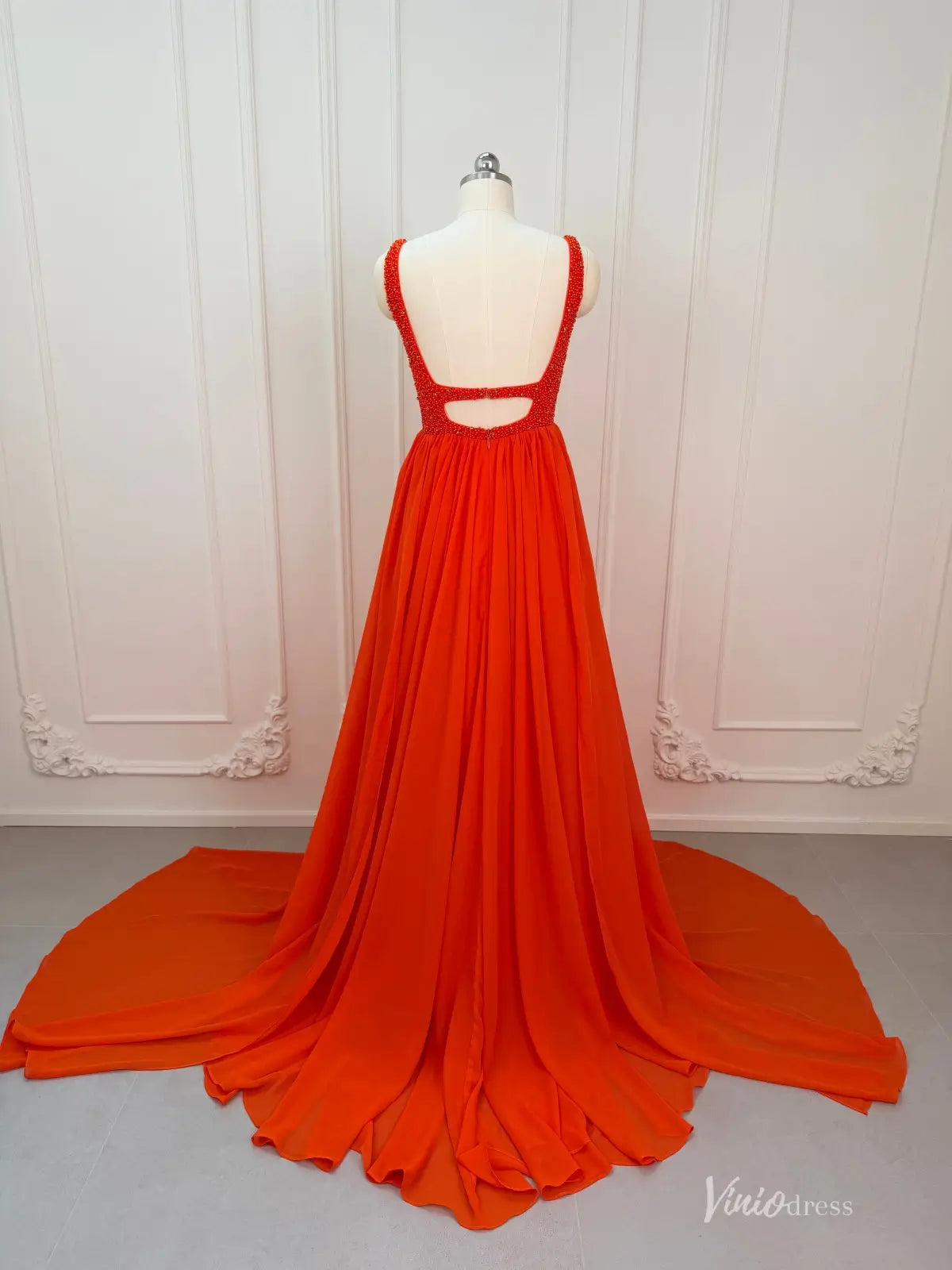 Orange Chiffon Prom Dresses with Slit Beaded Bodice Plunging V-Neck FD Viniodress Orange Chiffon Prom Dresses with Slit Beaded Bodice Plunging V-Neck FD Viniodress