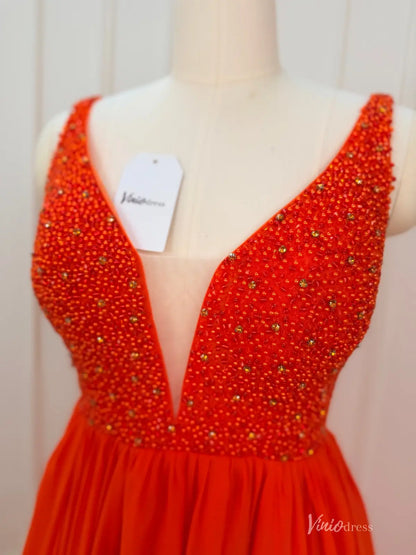 Orange Chiffon Prom Dresses with Slit Beaded Bodice Plunging V-Neck FD3992-prom dresses 2026-Viniodress-Orange-Custom Size – Add Measurements in Cart-