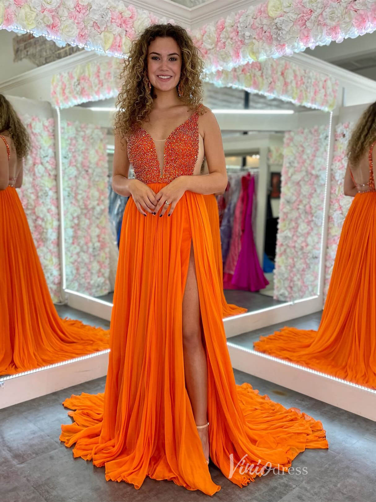 Orange Chiffon Prom Dresses with Slit Beaded Bodice Plunging V-Neck FD3992-prom dresses-Viniodress-Viniodress