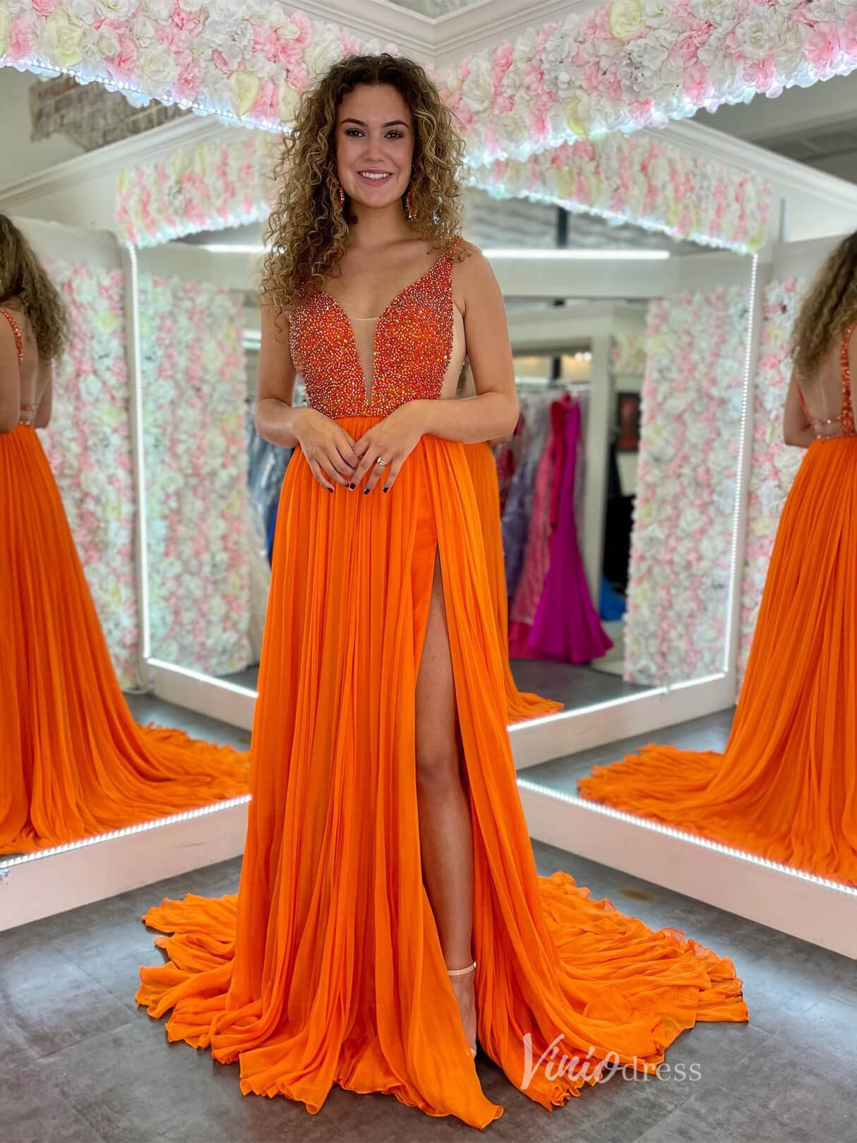 Orange Chiffon Prom Dresses with Slit Beaded Bodice Plunging V - Neck FD3992 - Viniodressprom dressesOrangeCustom Size - Formal Dresses - Ball Gowns