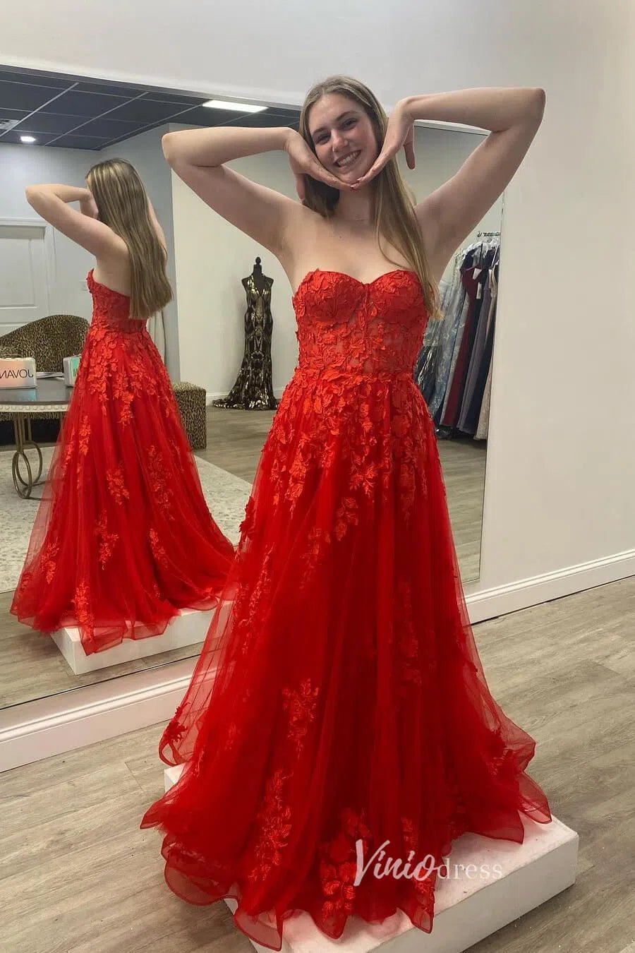 Orange Lace Applique Prom Dresses Strapless Evening Dress FD2940-prom dresses 2025 -Viniodress-Orange-Custom Size-