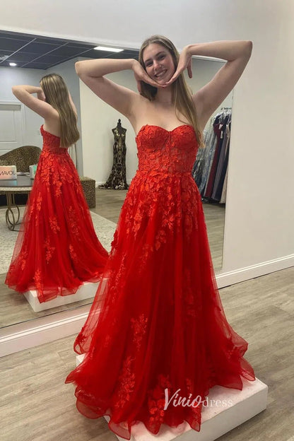 Orange Lace Applique Prom Dresses Strapless Evening Dress FD2940-prom dresses 2025 -Viniodress-Orange-Custom Size-