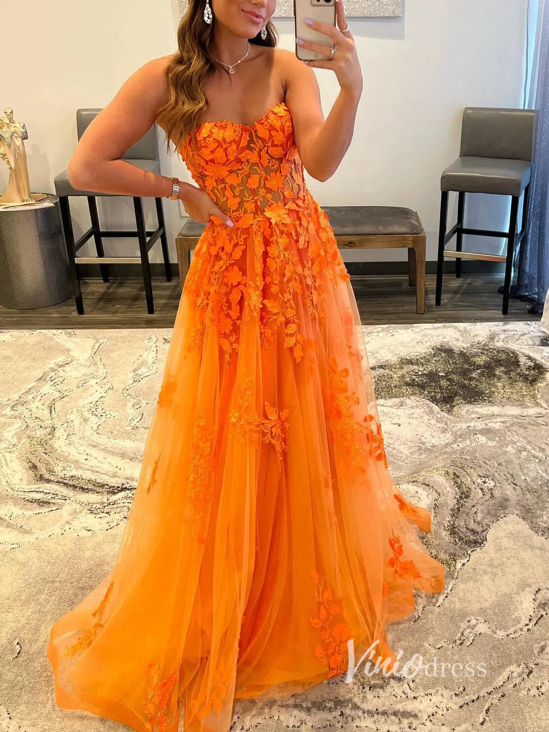 Prom Dress 2025 Orange Lace Applique Prom Dresses Strapless Evening Dress FD2940-unique prom dresses-Orange-Custom Size-Viniodress