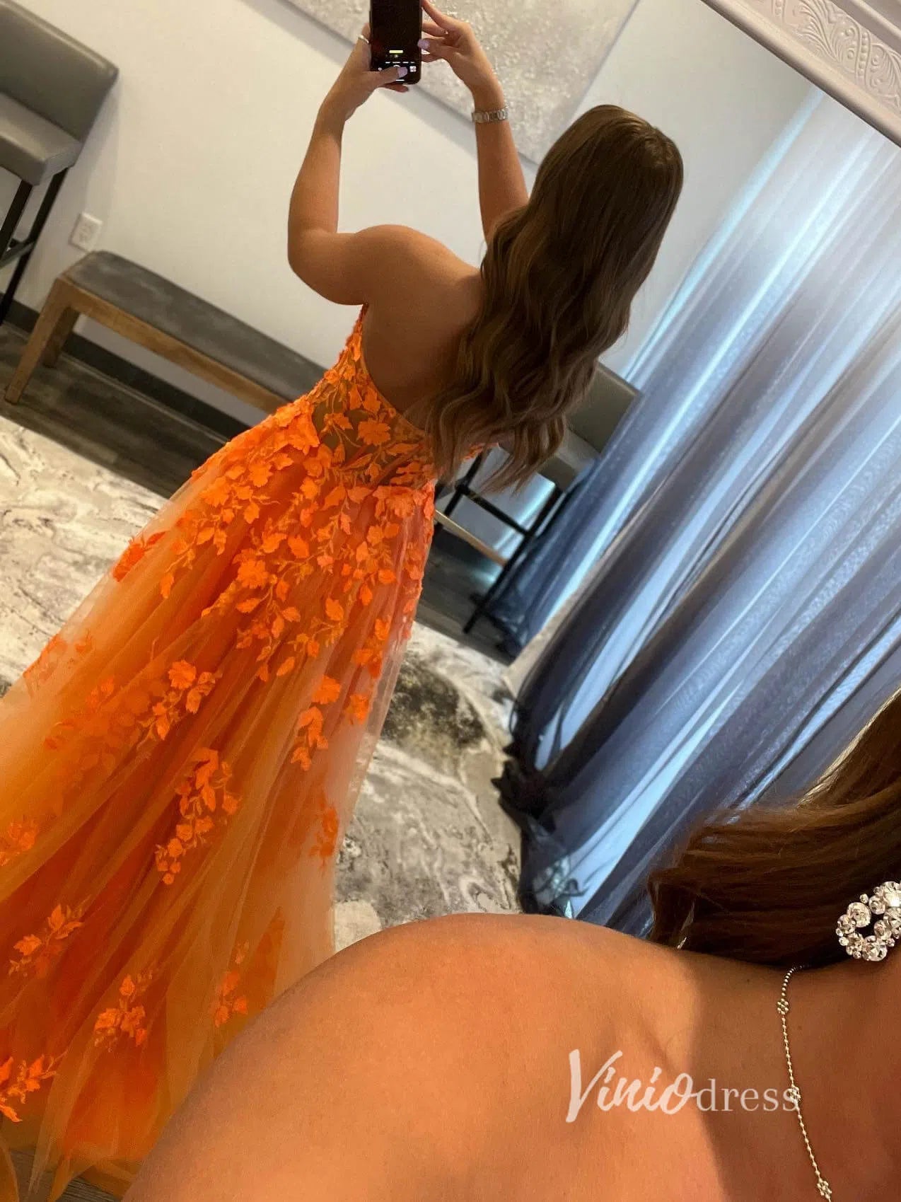 Prom Dress 2025 Orange Lace Applique Prom Dresses Strapless Evening Dress FD2940-unique prom dresses-Orange-Custom Size-Viniodress