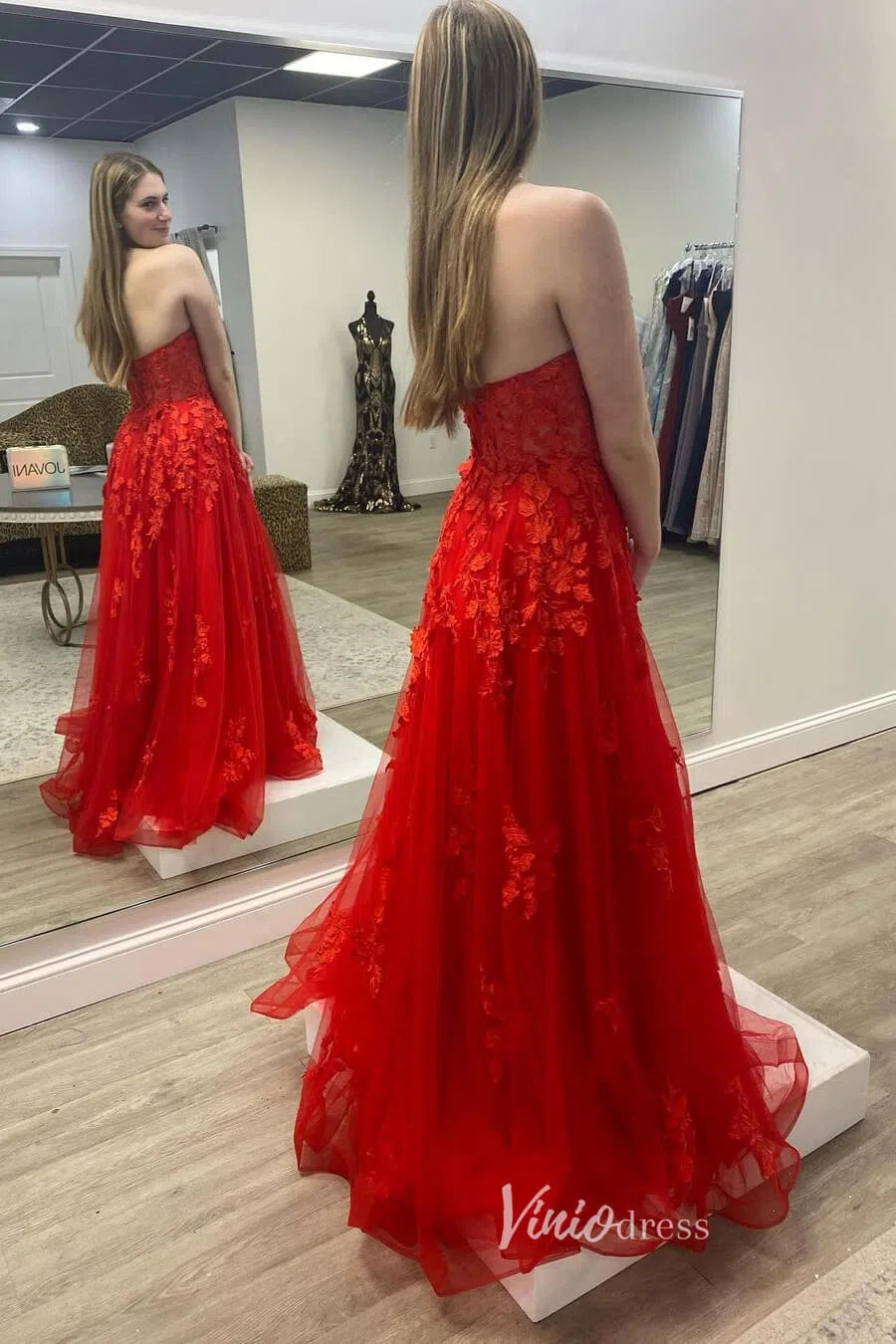 Prom Dress 2025 Orange Lace Applique Prom Dresses Strapless Evening Dress FD2940-unique prom dresses-Orange-Custom Size-Viniodress