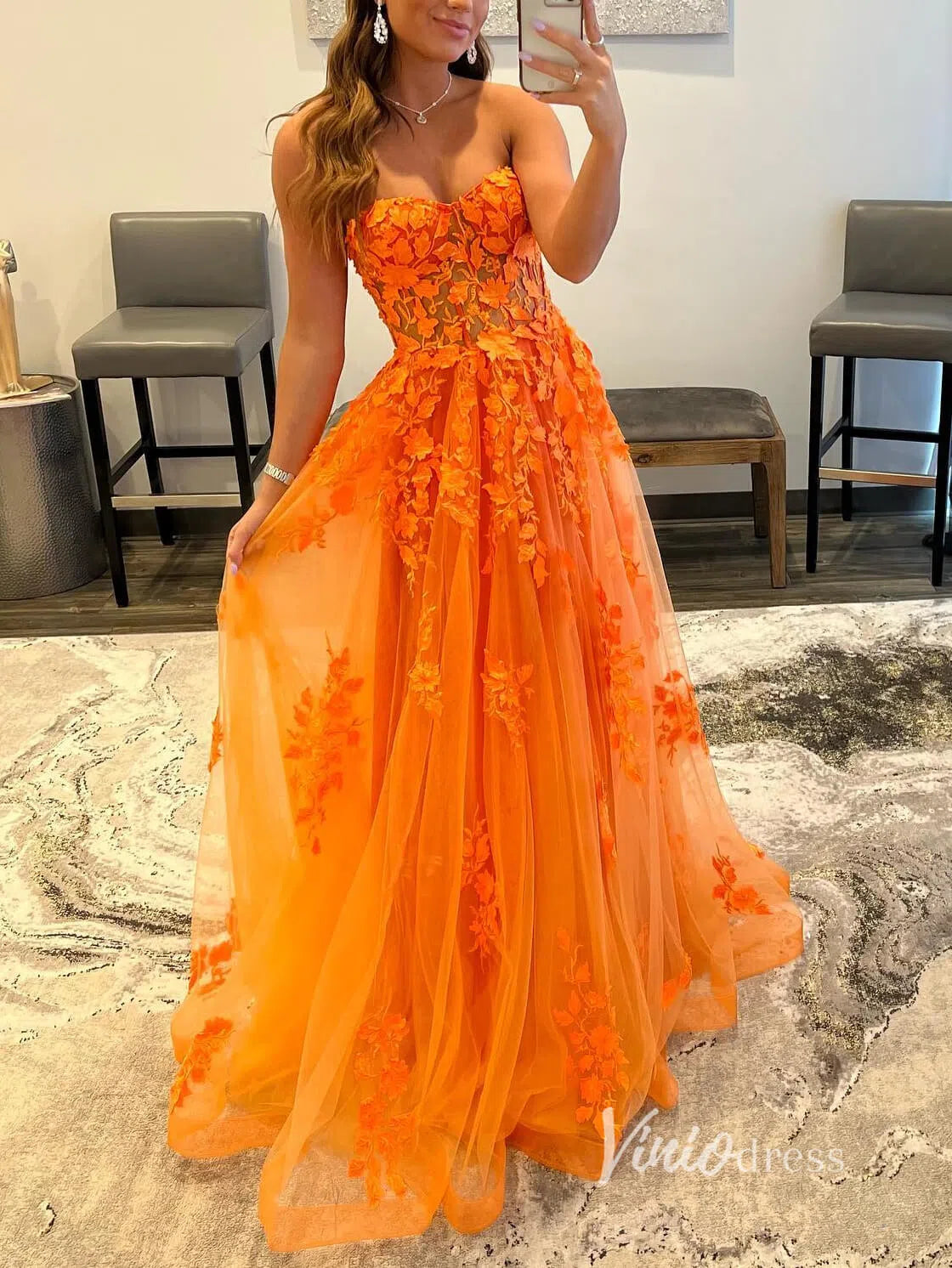 Prom Dress 2025 Orange Lace Applique Prom Dresses Strapless Evening Dress FD2940-unique prom dresses-Orange-Custom Size-Viniodress