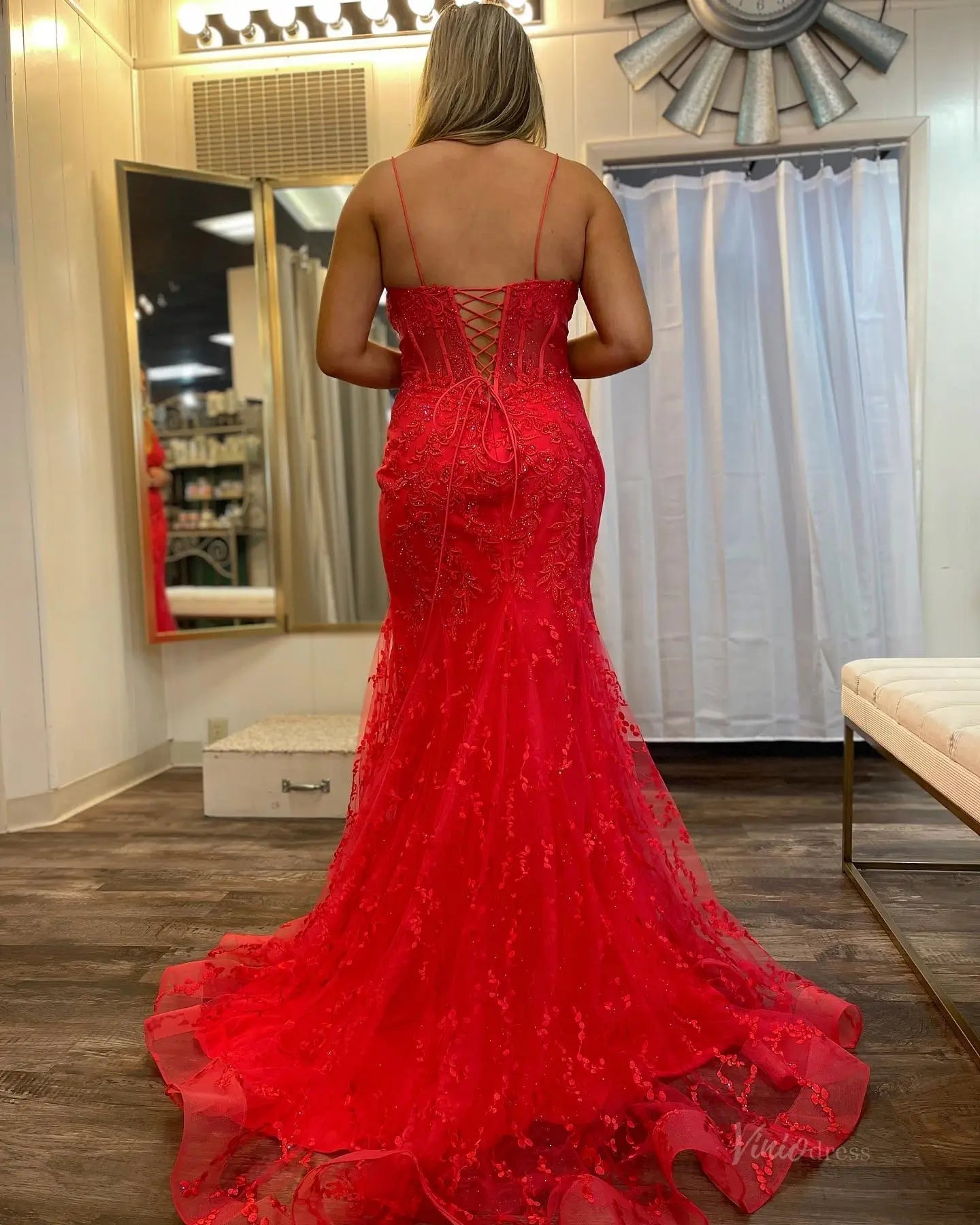 Orange Lace Mermaid Prom Dresses Spaghetti Strap V-neck Evening Dress FD3672-prom dresses 2025 -Viniodress-Orange-Custom Size-