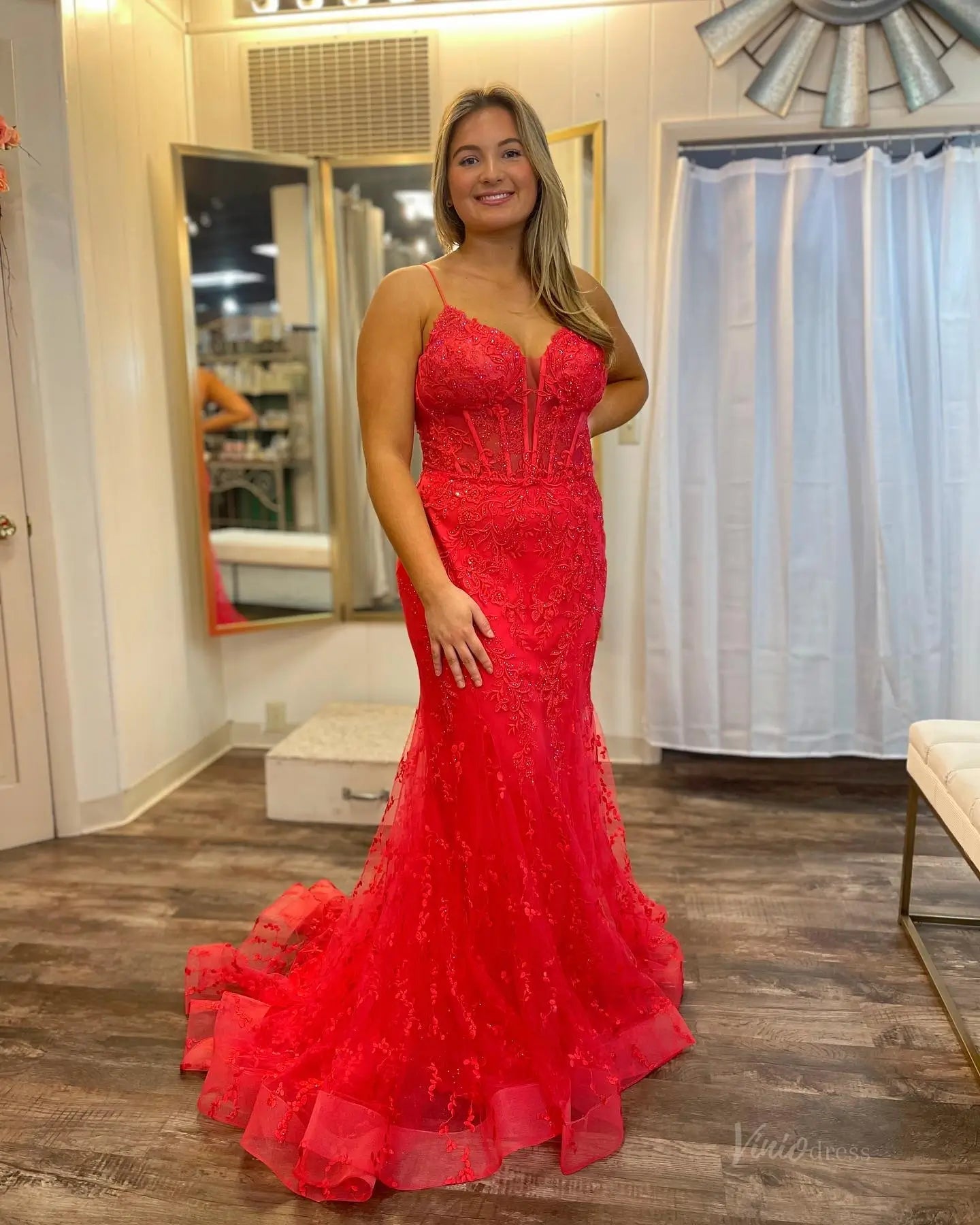 Orange Lace Mermaid Prom Dresses Spaghetti Strap V-neck Evening Dress FD3672-prom dresses 2025 -Viniodress-Red-Custom Size-