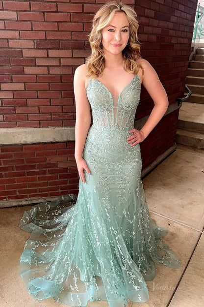 Orange Lace Mermaid Prom Dresses Spaghetti Strap V-neck Evening Dress FD3672-prom dresses 2025 -Viniodress-Sage-Custom Size-