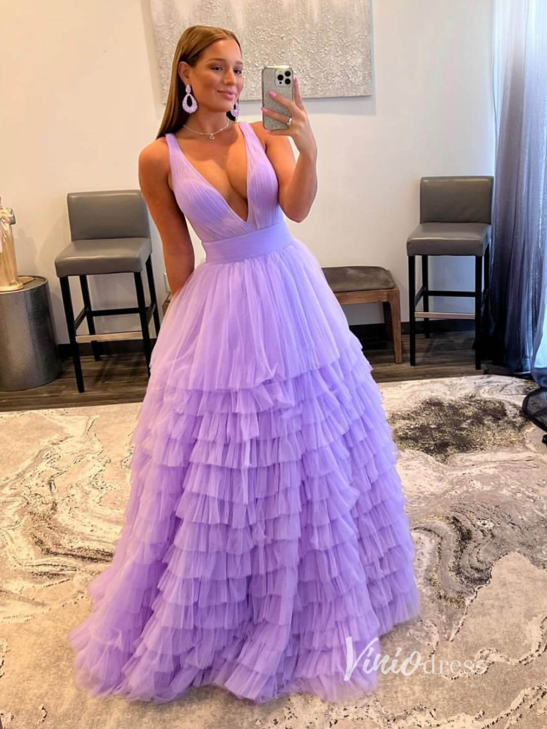 Orange Layered Ruffle Prom Dresses Plunging V-Neck Evening Dress FD2927-prom dresses 2025 -Viniodress-Lilac-Custom Size-